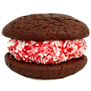 chocolate peppermint whoopie pie with candy cane crumbles