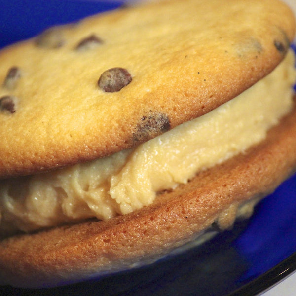 blondie whoopie pie with chocolate chip cakes and caramel cream