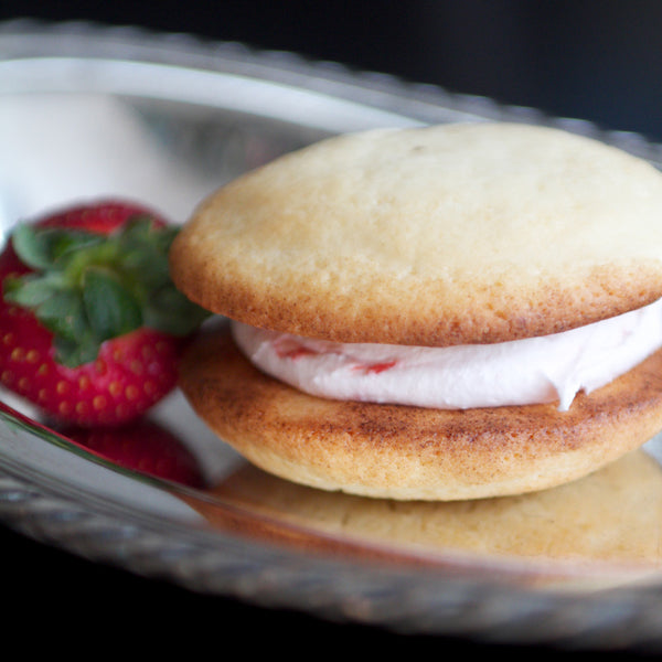 Buttery vanilla cake with strawberry cream filling gourmet whoopie pie